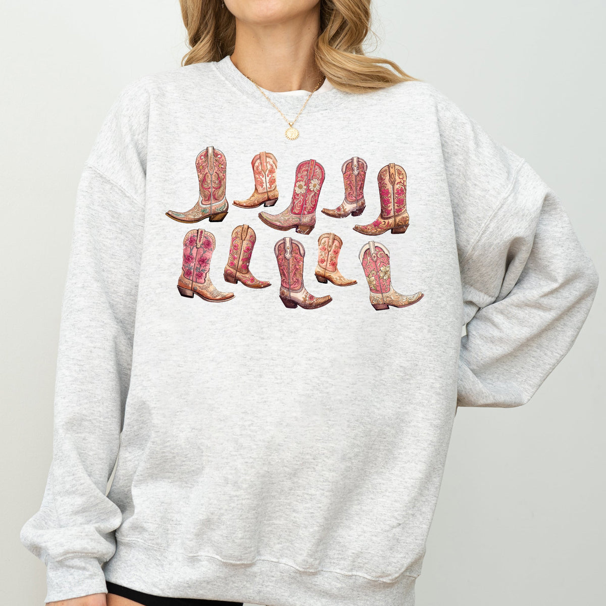 Colorful Pink Cowboy Boots Western Cowgirl Graphic Rodeo Spirit Pattern Sweatshirt