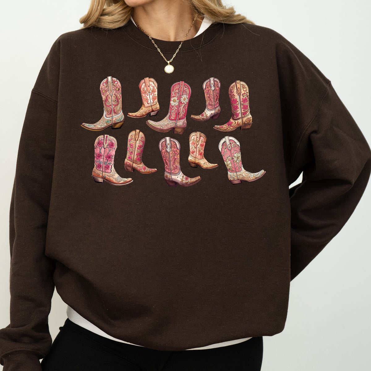 Colorful Pink Cowboy Boots Western Cowgirl Graphic Rodeo Spirit Pattern Sweatshirt