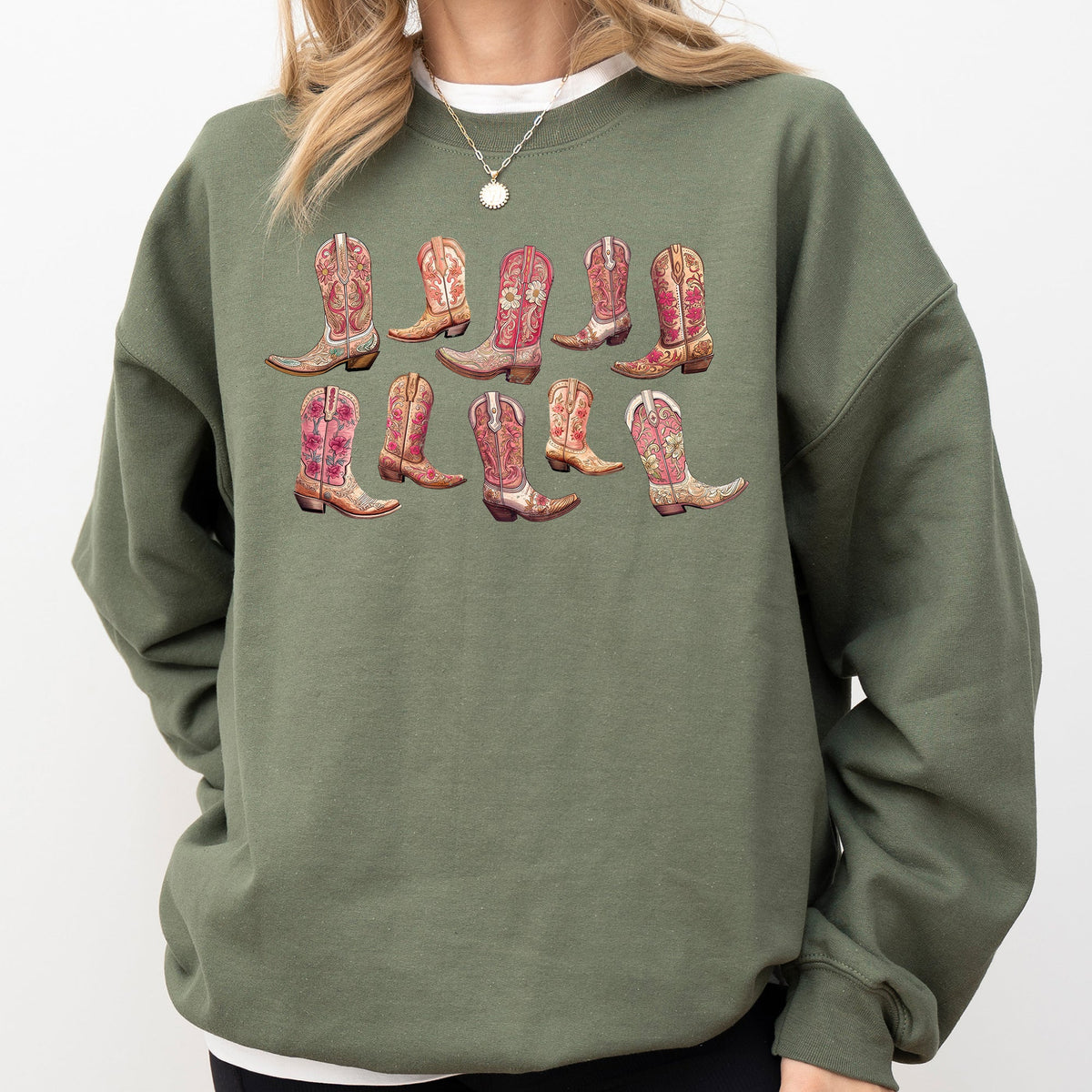 Colorful Pink Cowboy Boots Western Cowgirl Graphic Rodeo Spirit Pattern Sweatshirt