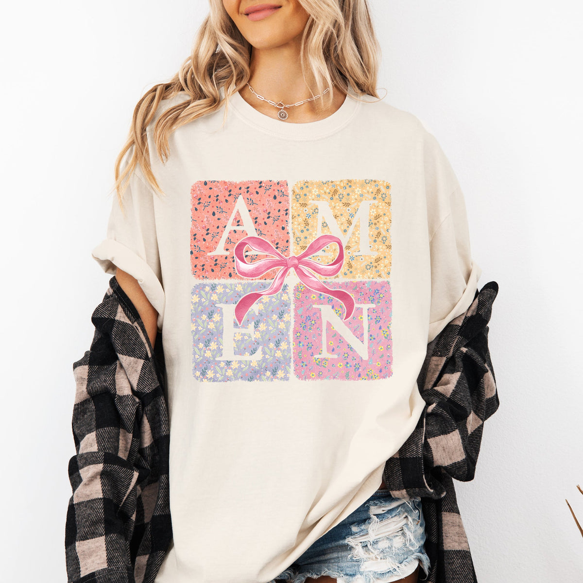 Colorful Floral Amen Ribbon Coquette Christian Jesus Gospel Faith Saved Comfort Colors Tee