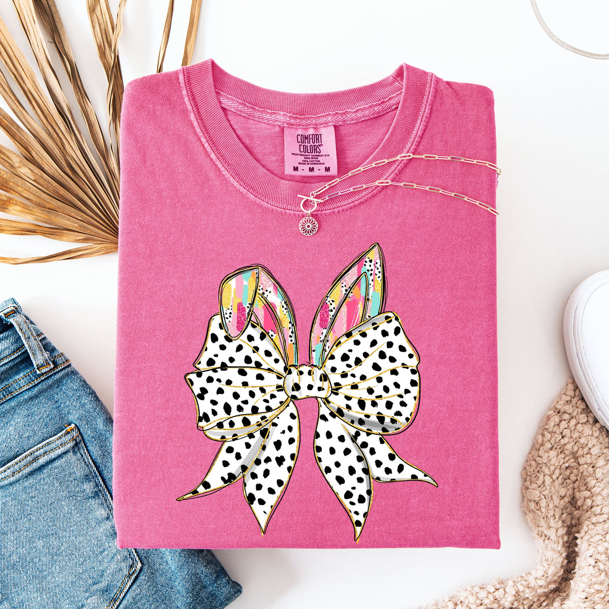 Coquette Dalmatian Print Rabbit Ears Ribbon Bows Easter Bunny Jesus Rabbit Holiday Comfort Colors Tee