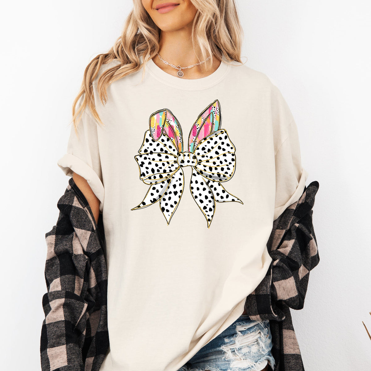 Coquette Dalmatian Print Rabbit Ears Ribbon Bows Easter Bunny Jesus Rabbit Holiday Comfort Colors Tee