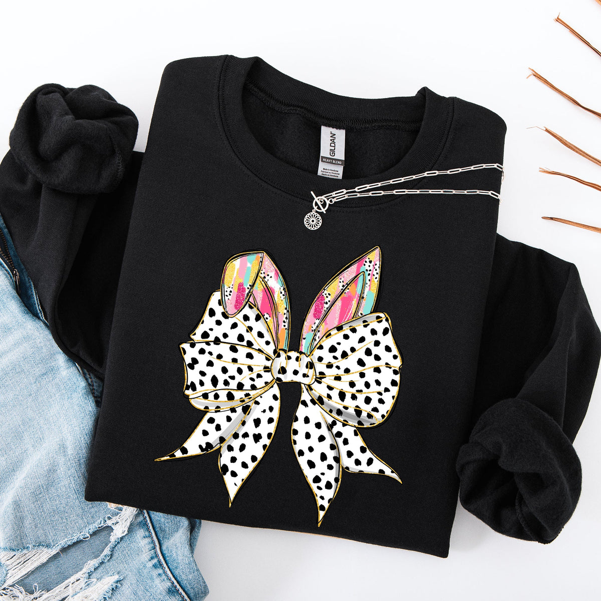 Coquette Dalmatian Print Rabbit Ears Ribbon Bows Easter Bunny Jesus Holiday Sweatshirt