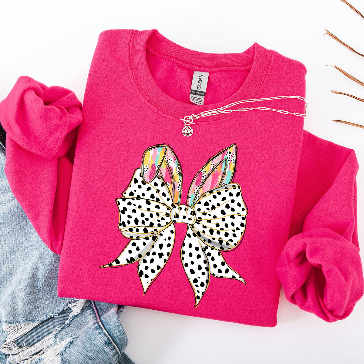 Coquette Dalmatian Print Rabbit Ears Ribbon Bows Easter Bunny Jesus Holiday Sweatshirt