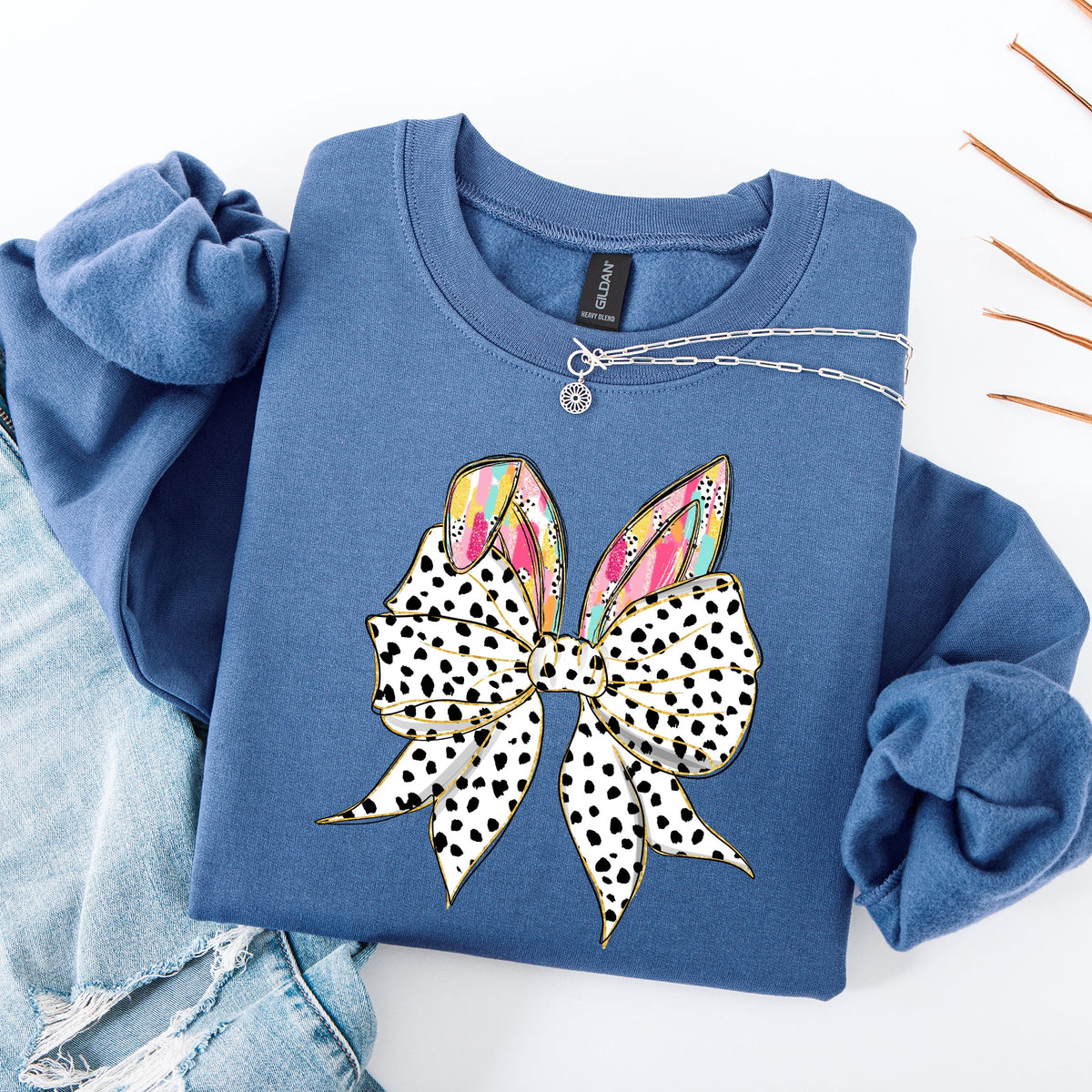 Coquette Dalmatian Print Rabbit Ears Ribbon Bows Easter Bunny Jesus Holiday Sweatshirt