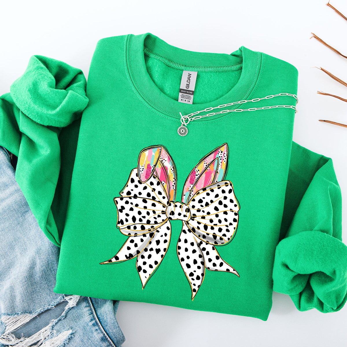 Coquette Dalmatian Print Rabbit Ears Ribbon Bows Easter Bunny Jesus Holiday Sweatshirt