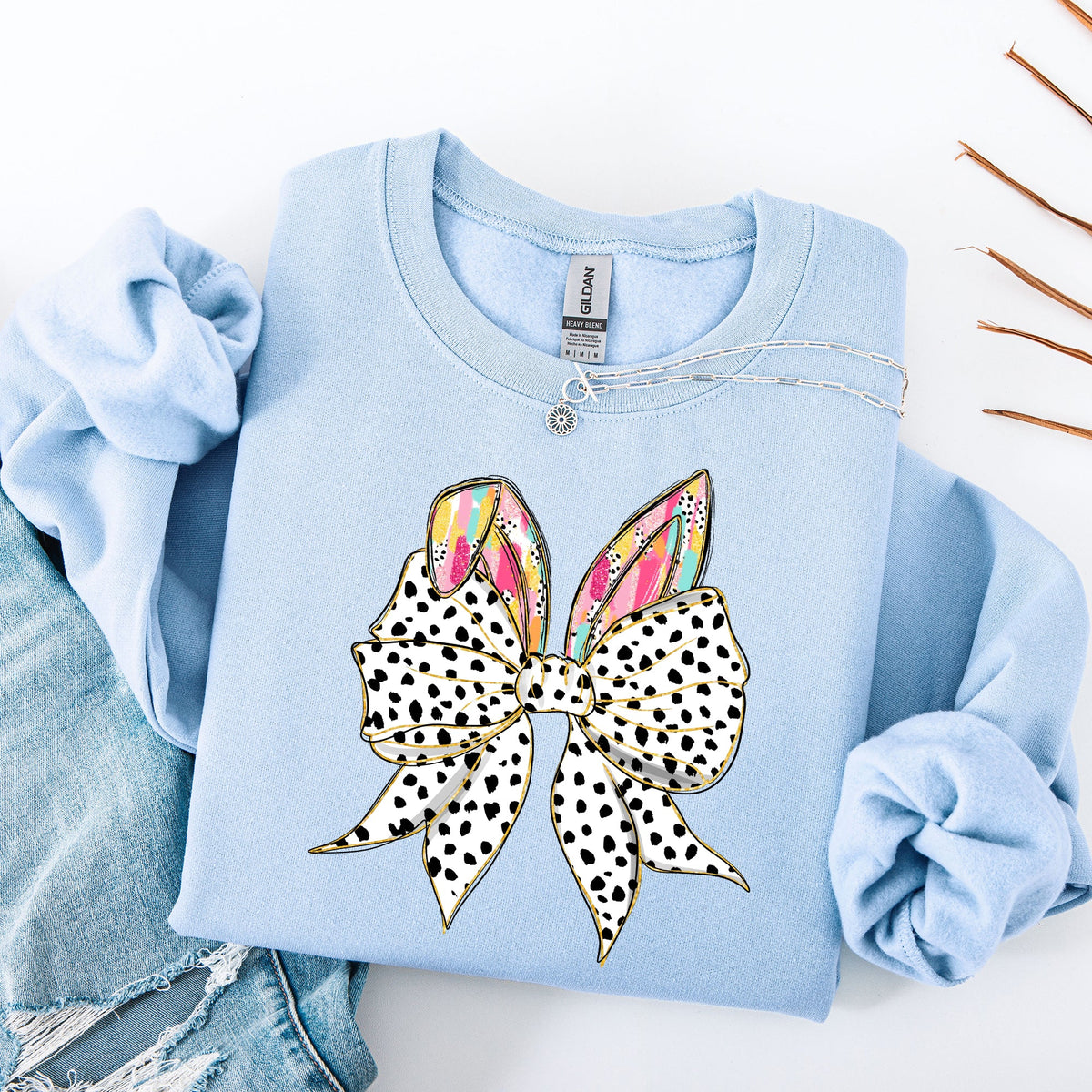 Coquette Dalmatian Print Rabbit Ears Ribbon Bows Easter Bunny Jesus Holiday Sweatshirt