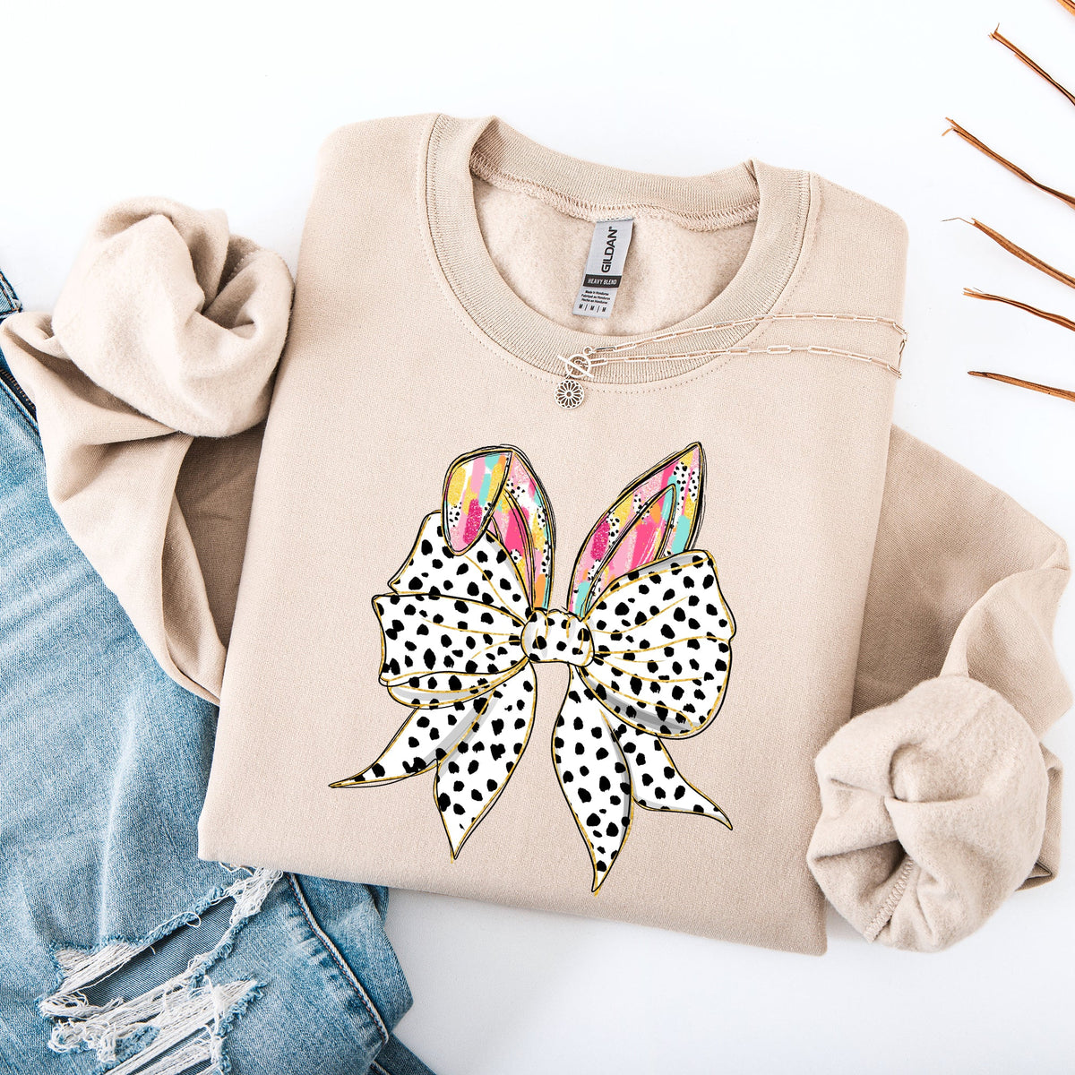 Coquette Dalmatian Print Rabbit Ears Ribbon Bows Easter Bunny Jesus Holiday Sweatshirt