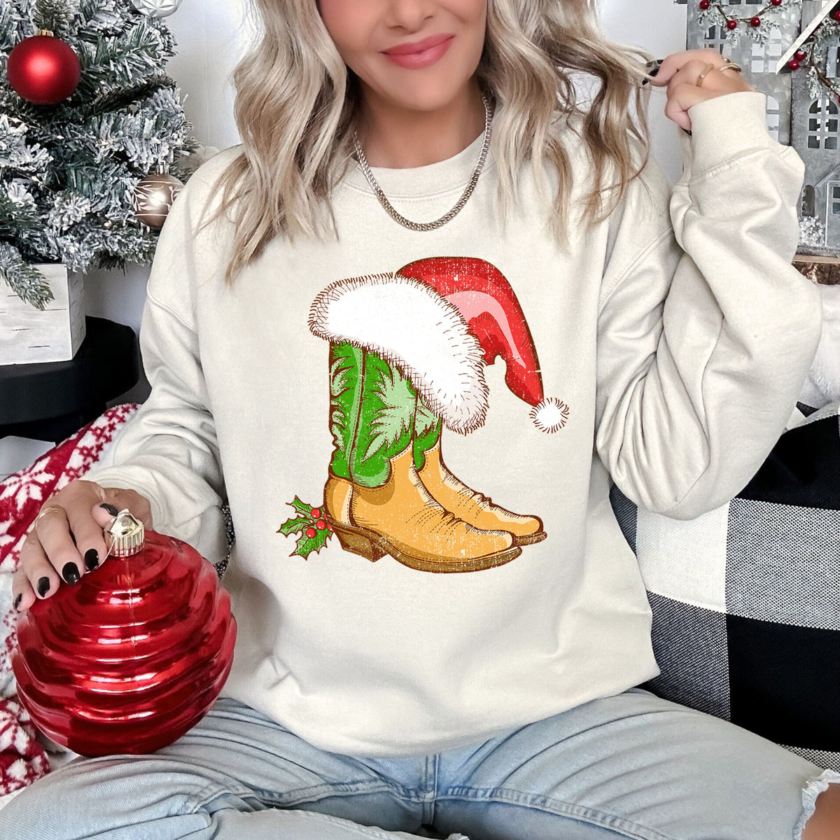 Country Christmas Cowboy Boots Cozy Fleece Western Holiday Graphic Print Sweatshirt