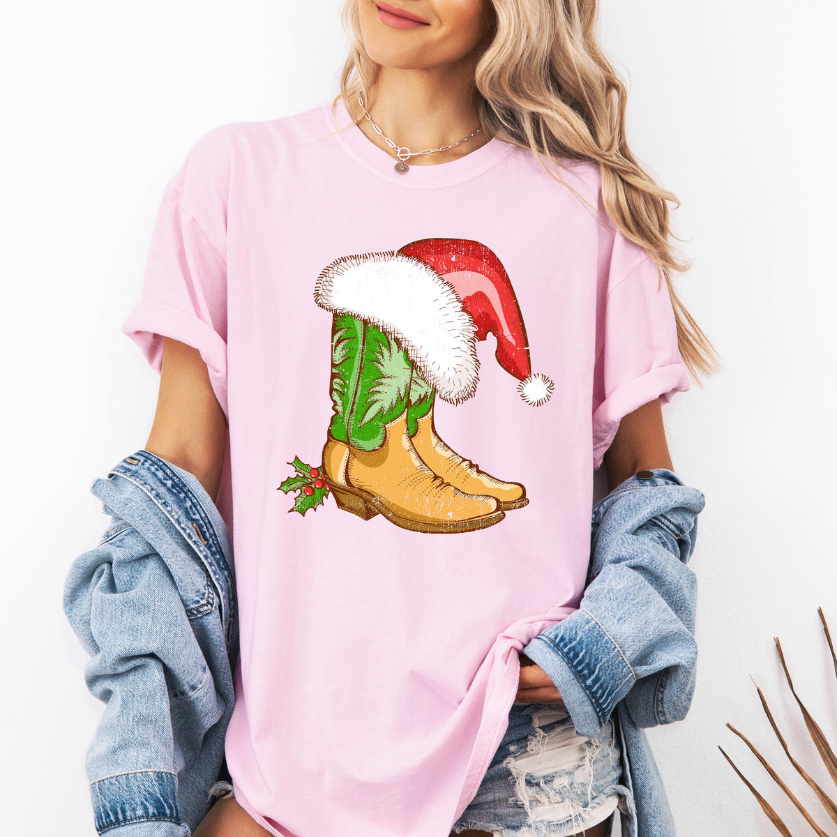 Cowboy Boots Christmas Santa Country Western Xmas Holiday Edition Comfort Colors Tee