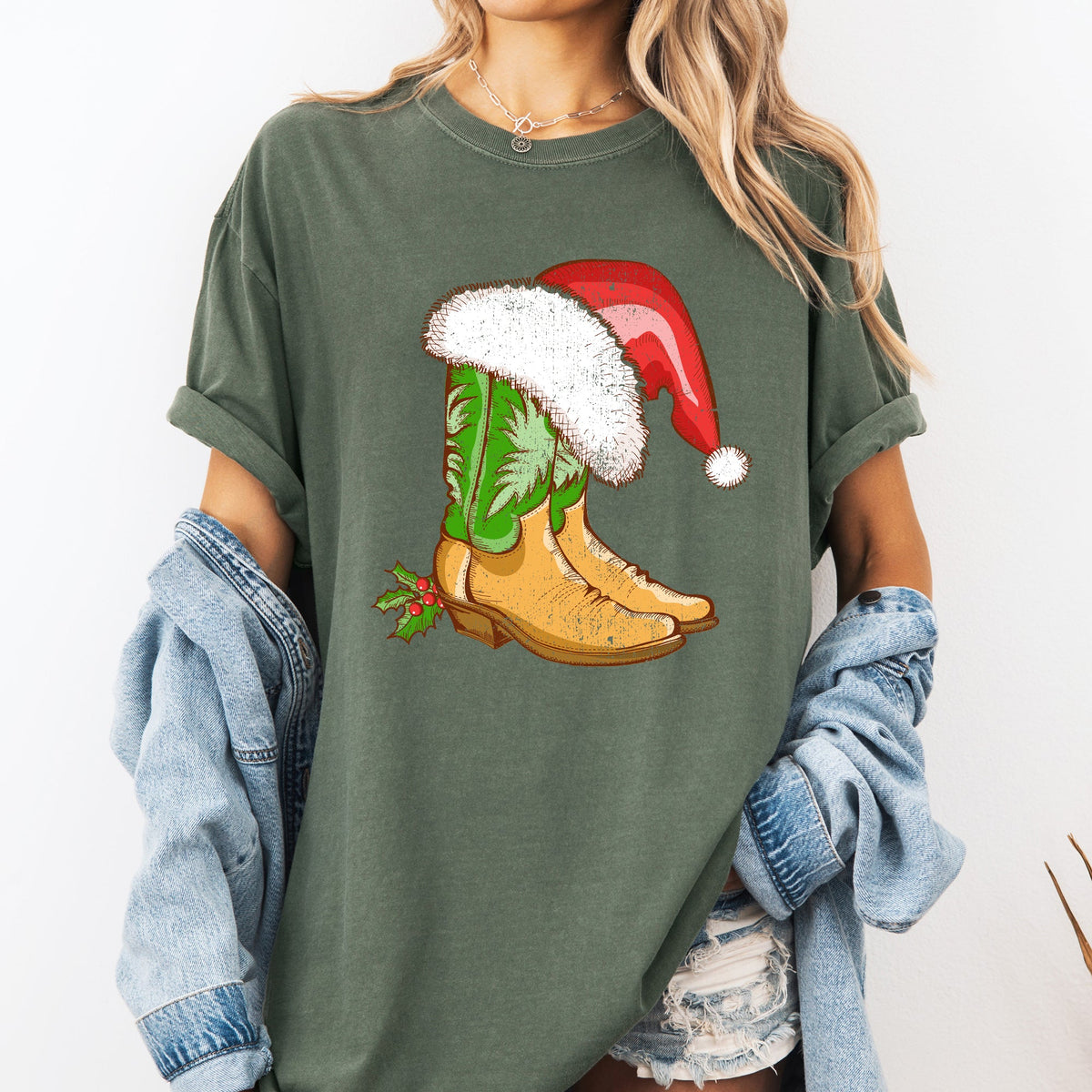 Cowboy Boots Christmas Santa Country Western Xmas Holiday Edition Comfort Colors Tee