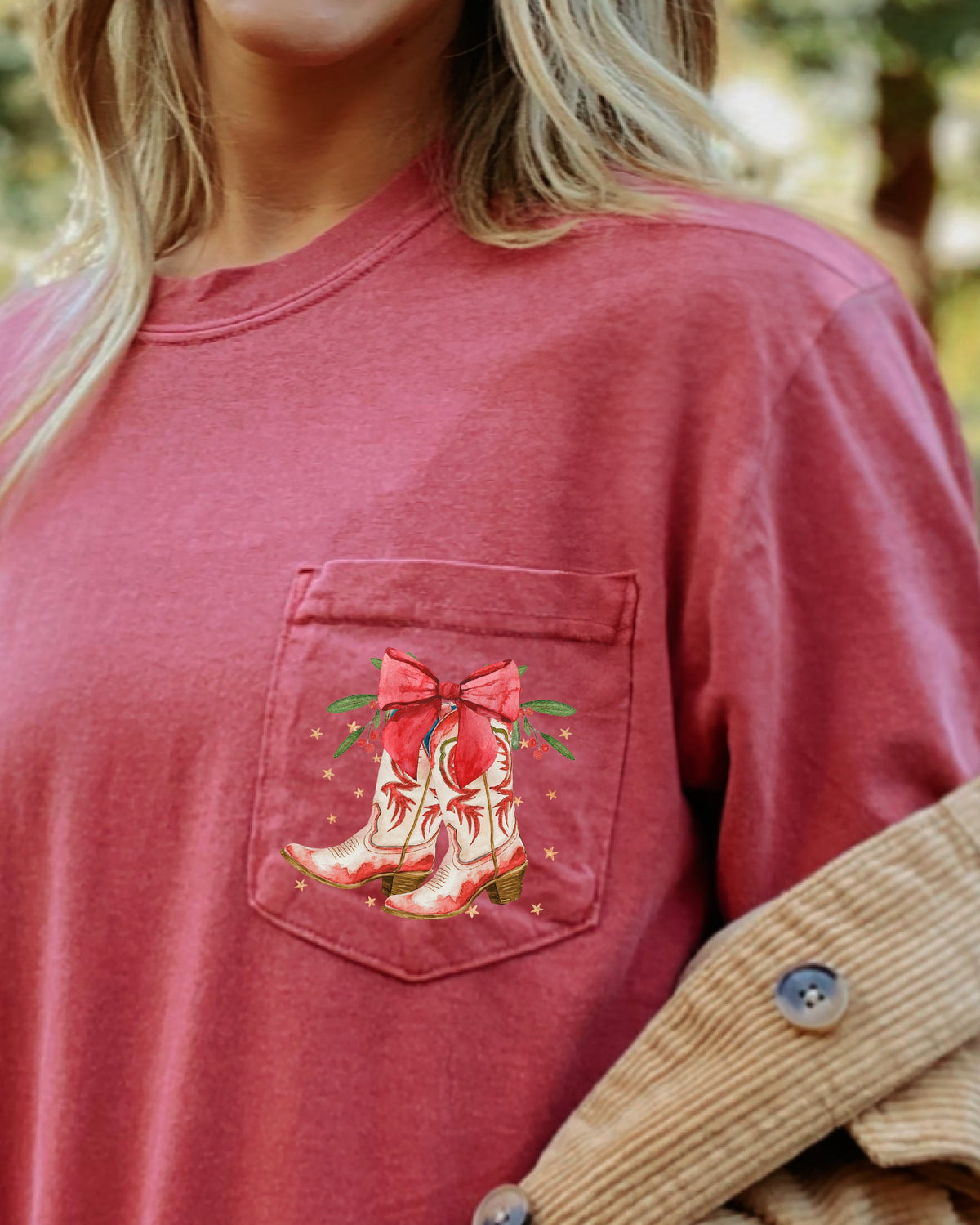 Cowboy Boots Pocket Christmas Bow Mistletoe Santa Winter Snow Xmas Comfort Colors Tee