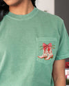 Cowboy Boots Pocket Christmas Bow Mistletoe Santa Winter Snow Xmas Comfort Colors Tee