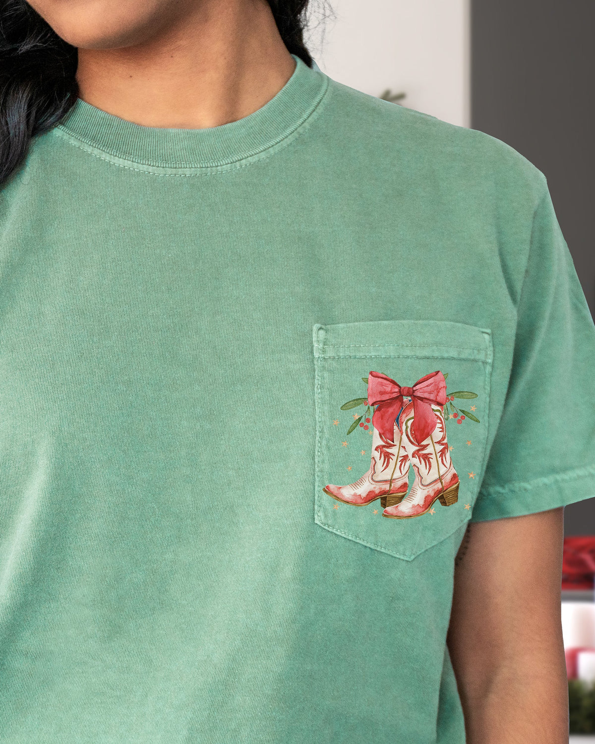 Cowboy Boots Pocket Christmas Bow Mistletoe Santa Winter Snow Xmas Comfort Colors Tee