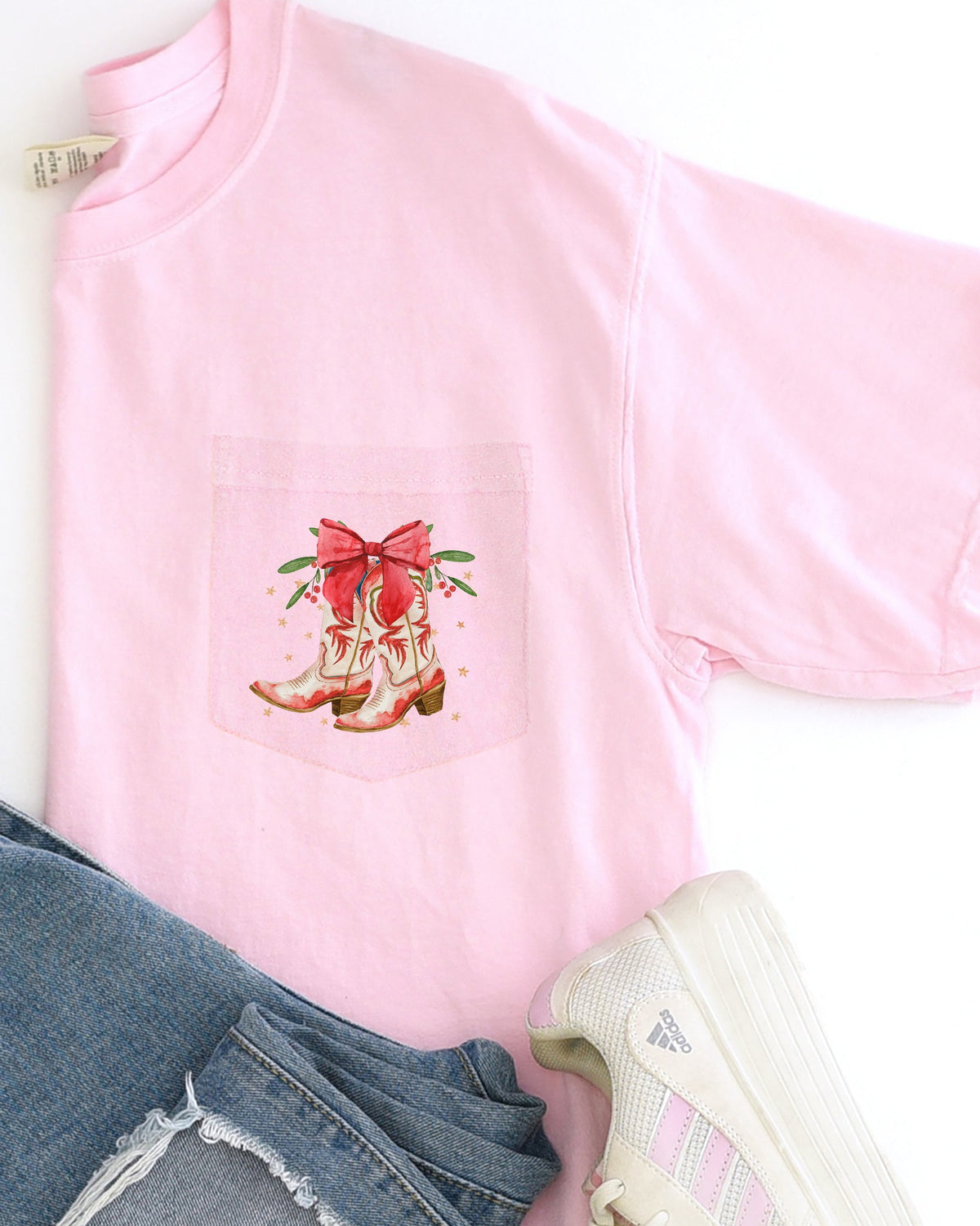 Cowboy Boots Pocket Christmas Bow Mistletoe Santa Winter Snow Xmas Comfort Colors Tee