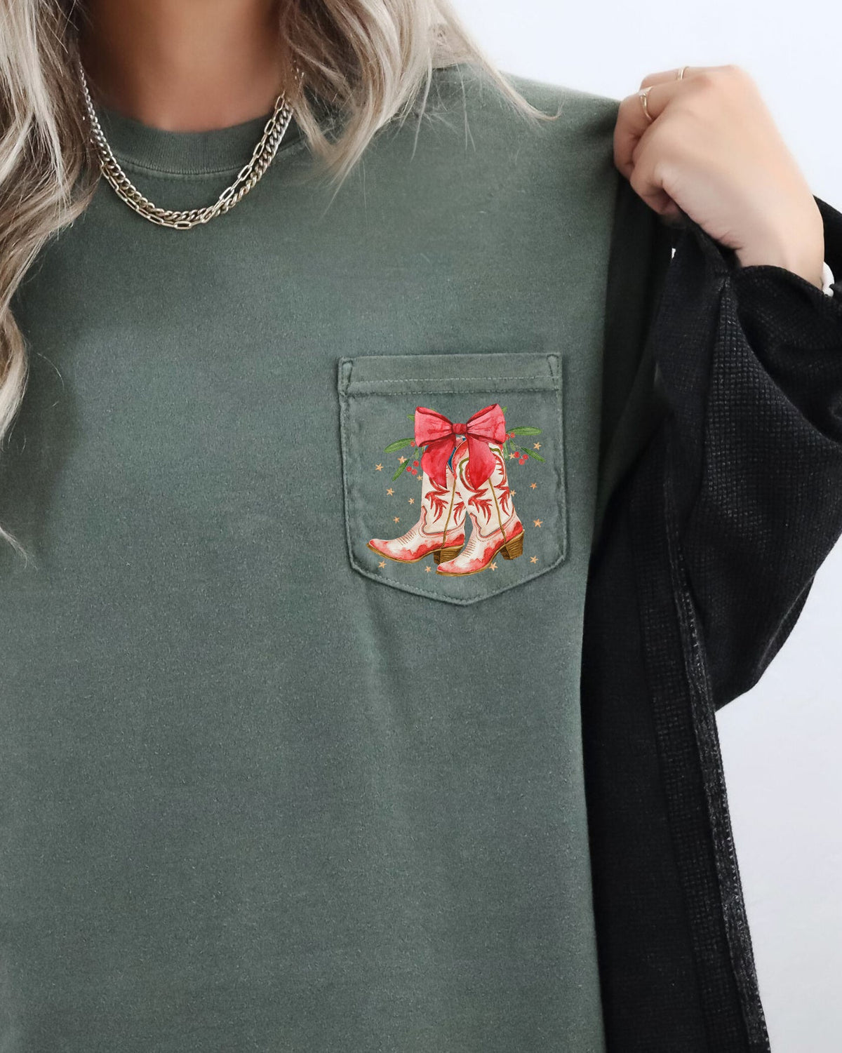Cowboy Boots Pocket Christmas Bow Mistletoe Santa Winter Snow Xmas Comfort Colors Tee
