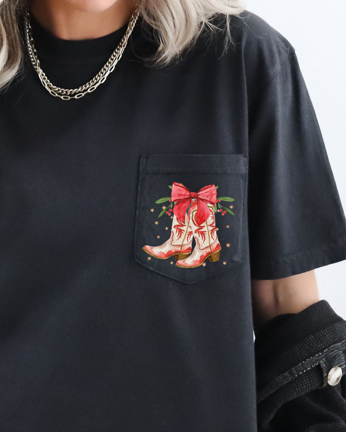 Cowboy Boots Pocket Christmas Bow Mistletoe Santa Winter Snow Xmas Comfort Colors Tee