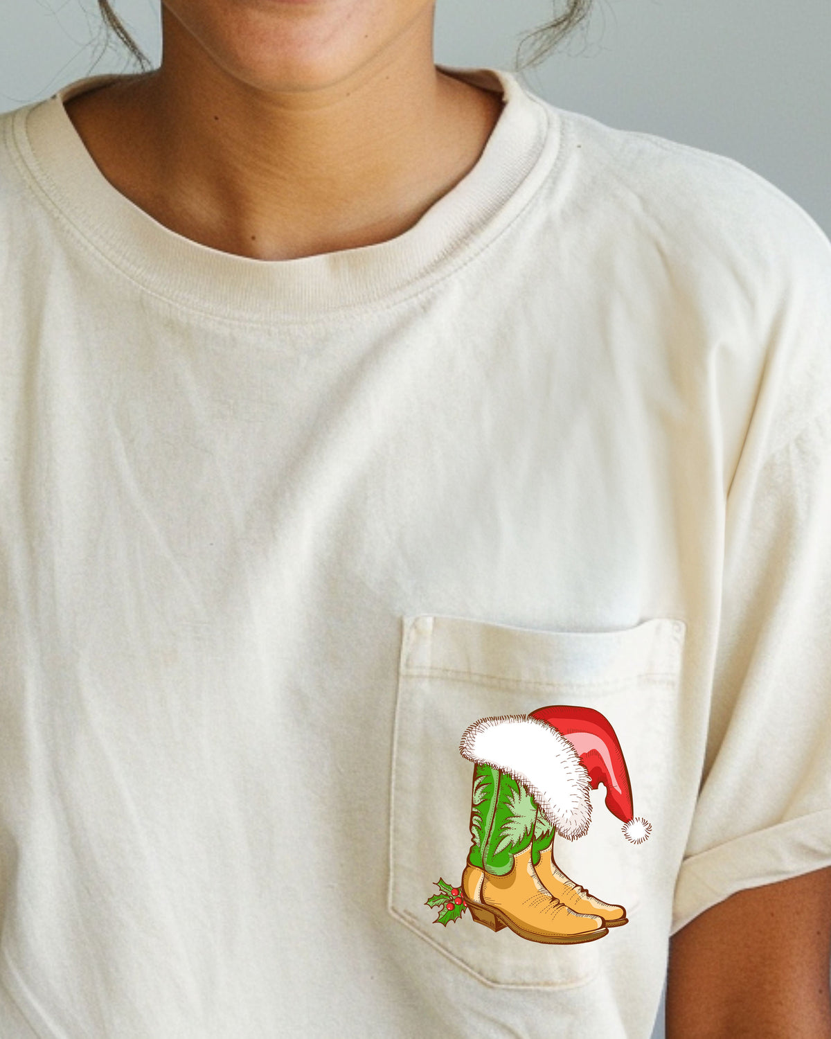 Cowboy Boots Pocket Santa Holly Cowgirl Western Christmas Snow Winter Xmas Comfort Colors Tee
