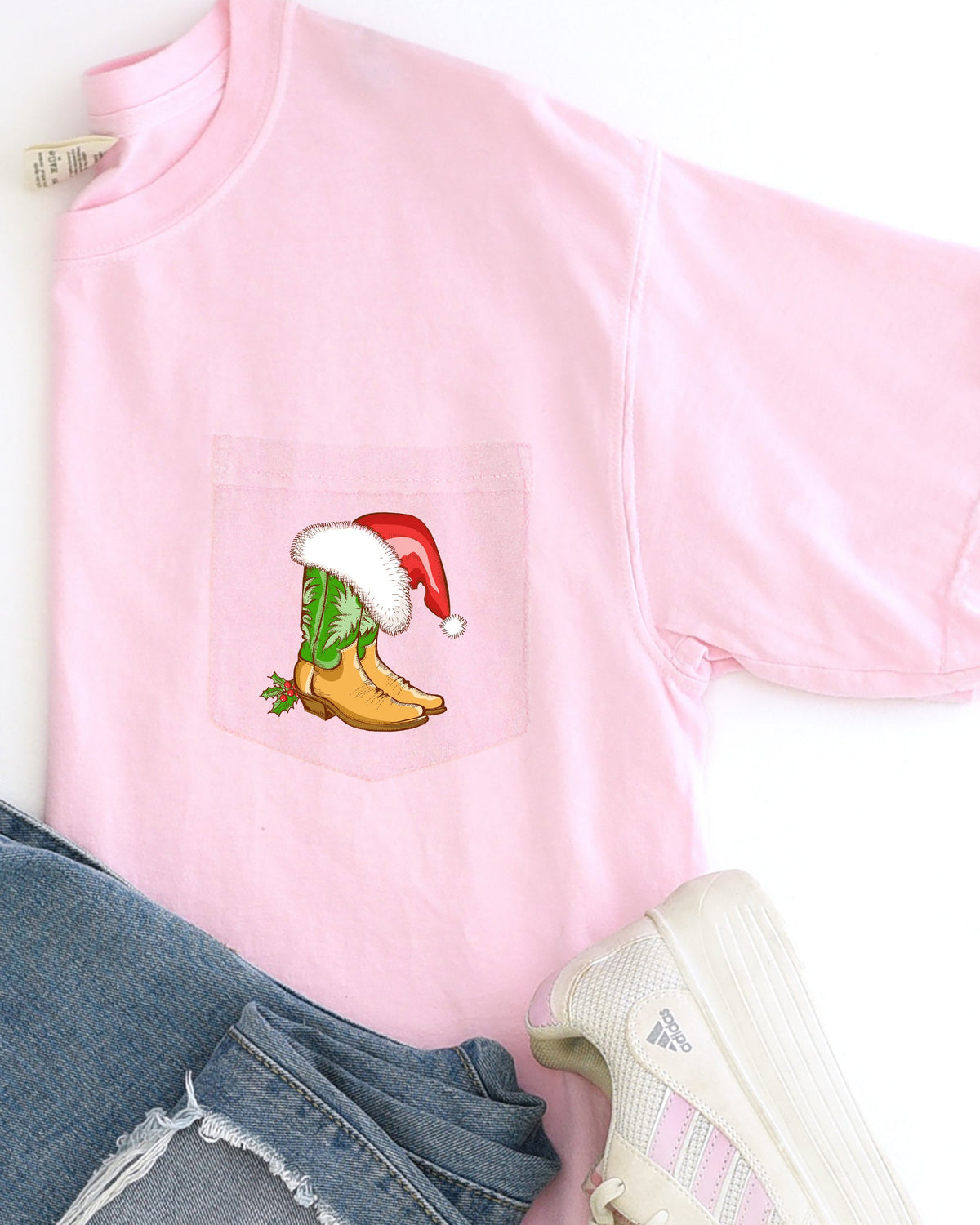 Cowboy Boots Pocket Santa Holly Cowgirl Western Christmas Snow Winter Xmas Comfort Colors Tee