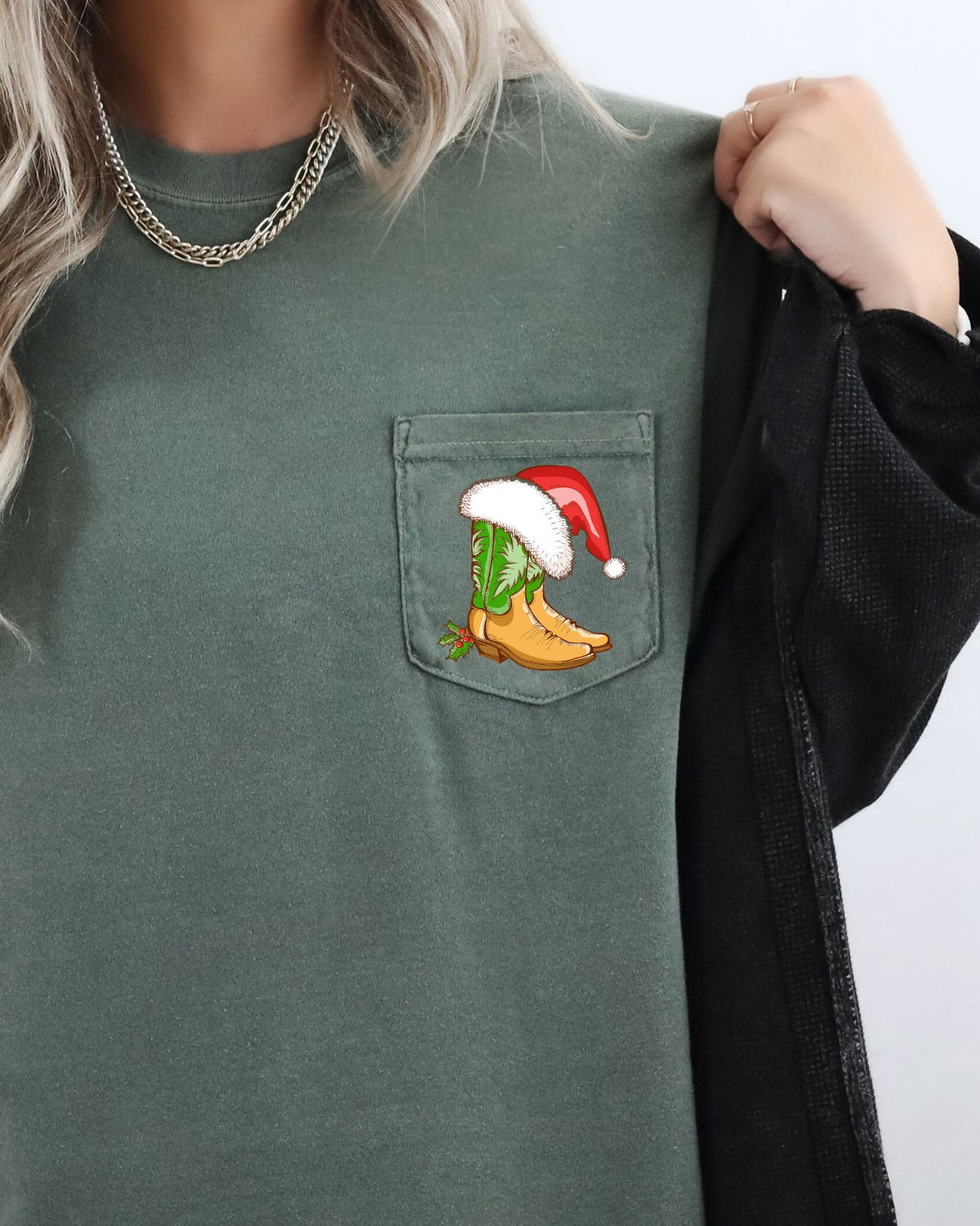 Cowboy Boots Pocket Santa Holly Cowgirl Western Christmas Snow Winter Xmas Comfort Colors Tee