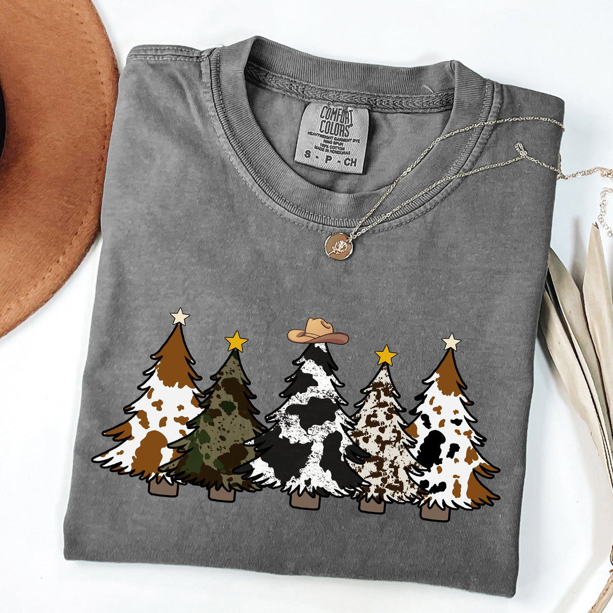 Cowboy Christmas Trees With Winter Snow Santa Silhouette Western Holiday Scene Comfort Colors Tee