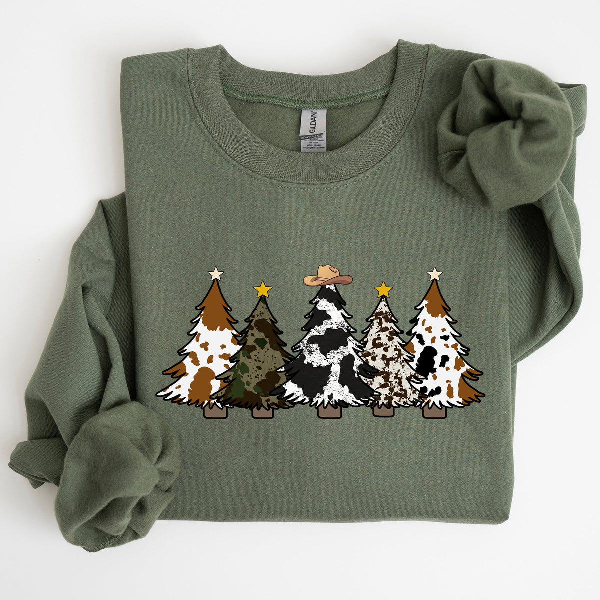 Cowboy Christmas Trees Winter Snow Santa Holiday Ranch Scene With Frosty Pines And Rustic Lodge Details Sweatshirt