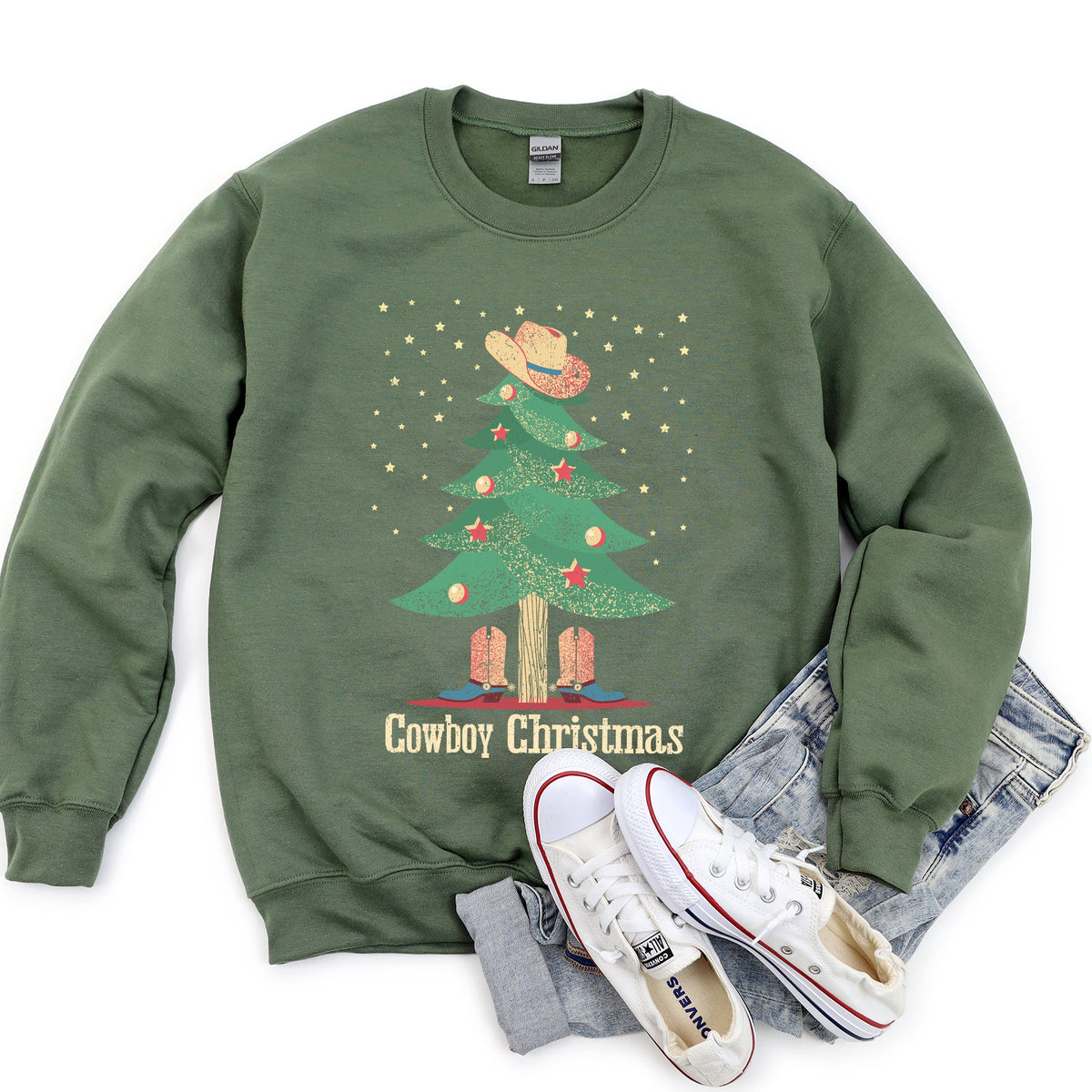 Cowboy Christmas Boots Festive Western Holiday Graphic Design Scene Cozy Sweatshirt