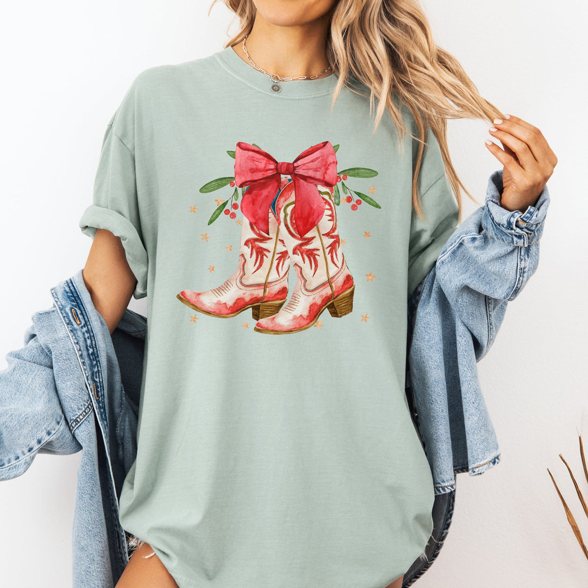 Cowgirl Boots Cowboy Bows Mistletoe Christmas Santa Country Western Xmas Comfort Colors Tee