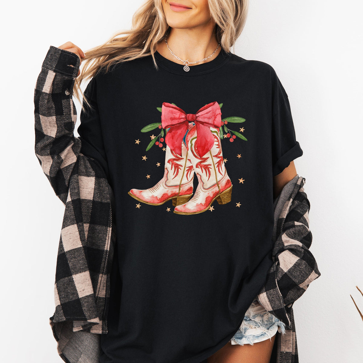 Cowgirl Boots Cowboy Bows Mistletoe Christmas Santa Country Western Xmas Comfort Colors Tee