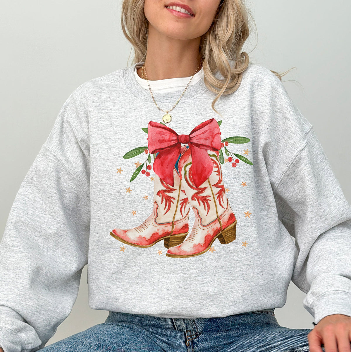 Cowgirl Boots Cowboy Bows Mistletoe Christmas Santa Country Western Style Sweatshirt