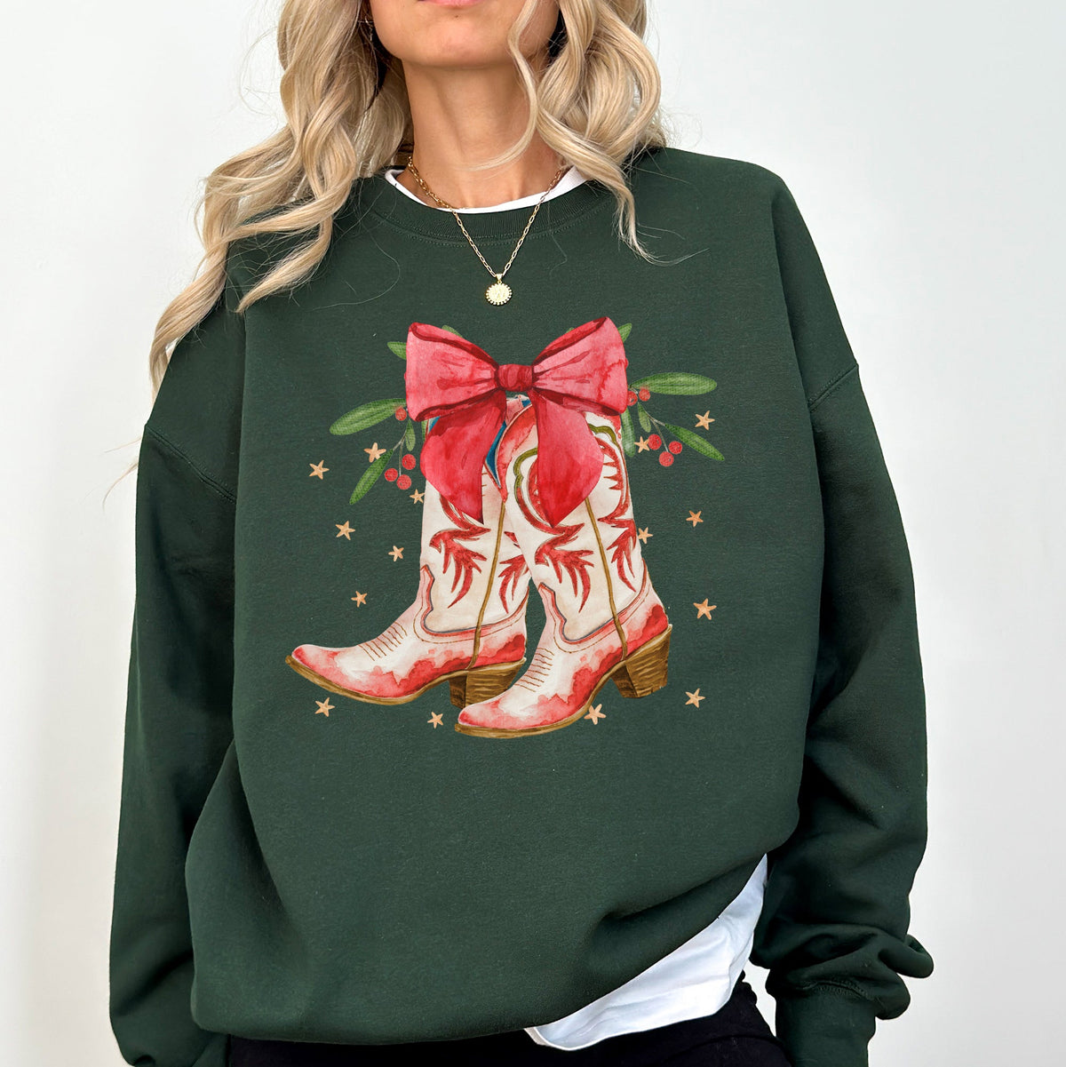 Cowgirl Boots Cowboy Bows Mistletoe Christmas Santa Country Western Style Sweatshirt