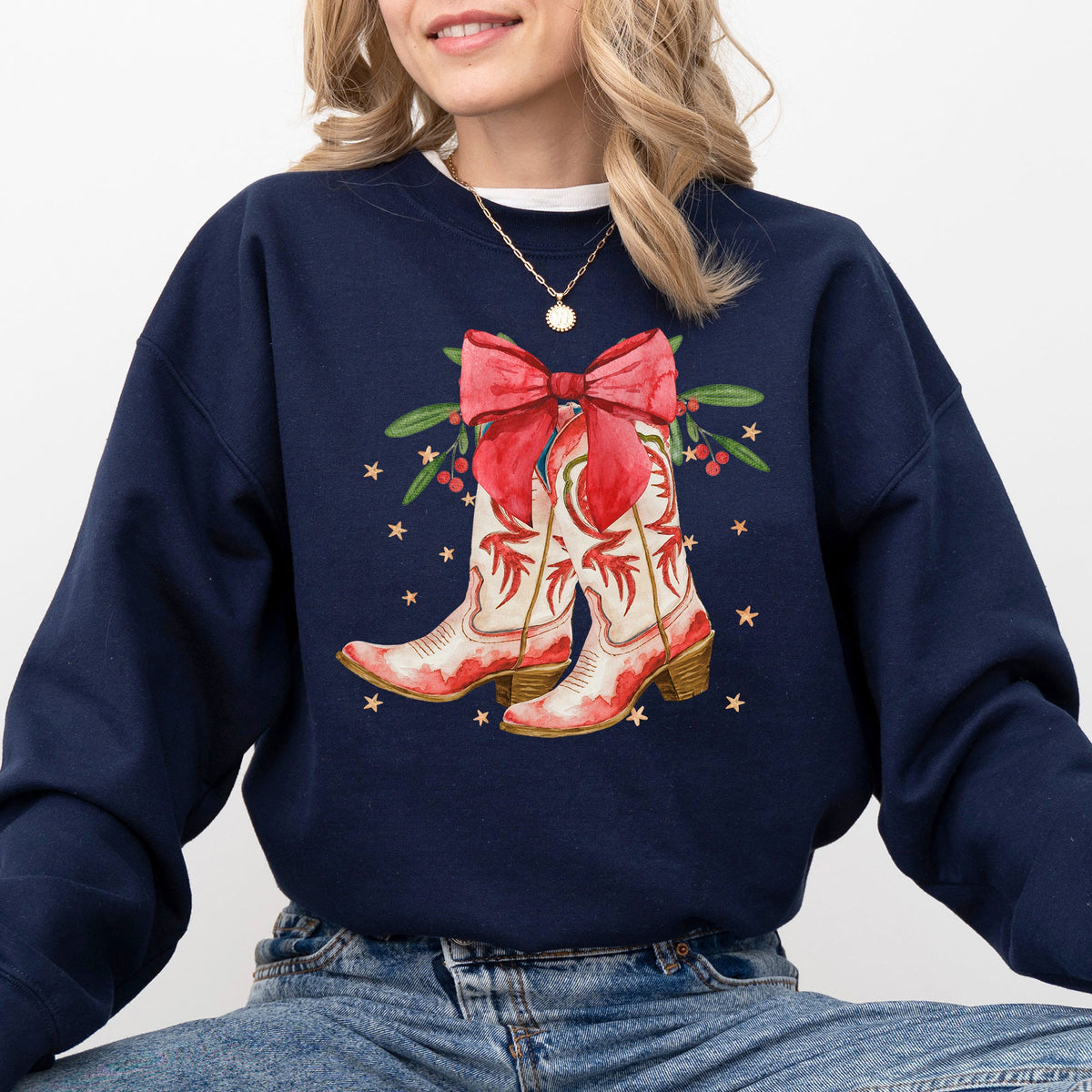 Cowgirl Boots Cowboy Bows Mistletoe Christmas Santa Country Western Style Sweatshirt