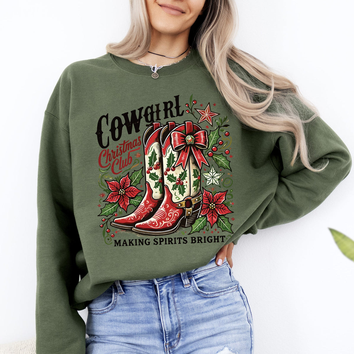 Cowgirl Christmas Club, Cowboy Boots, Western Santa, Flowers And Festive Western Flair For The Holidays Sweatshirt