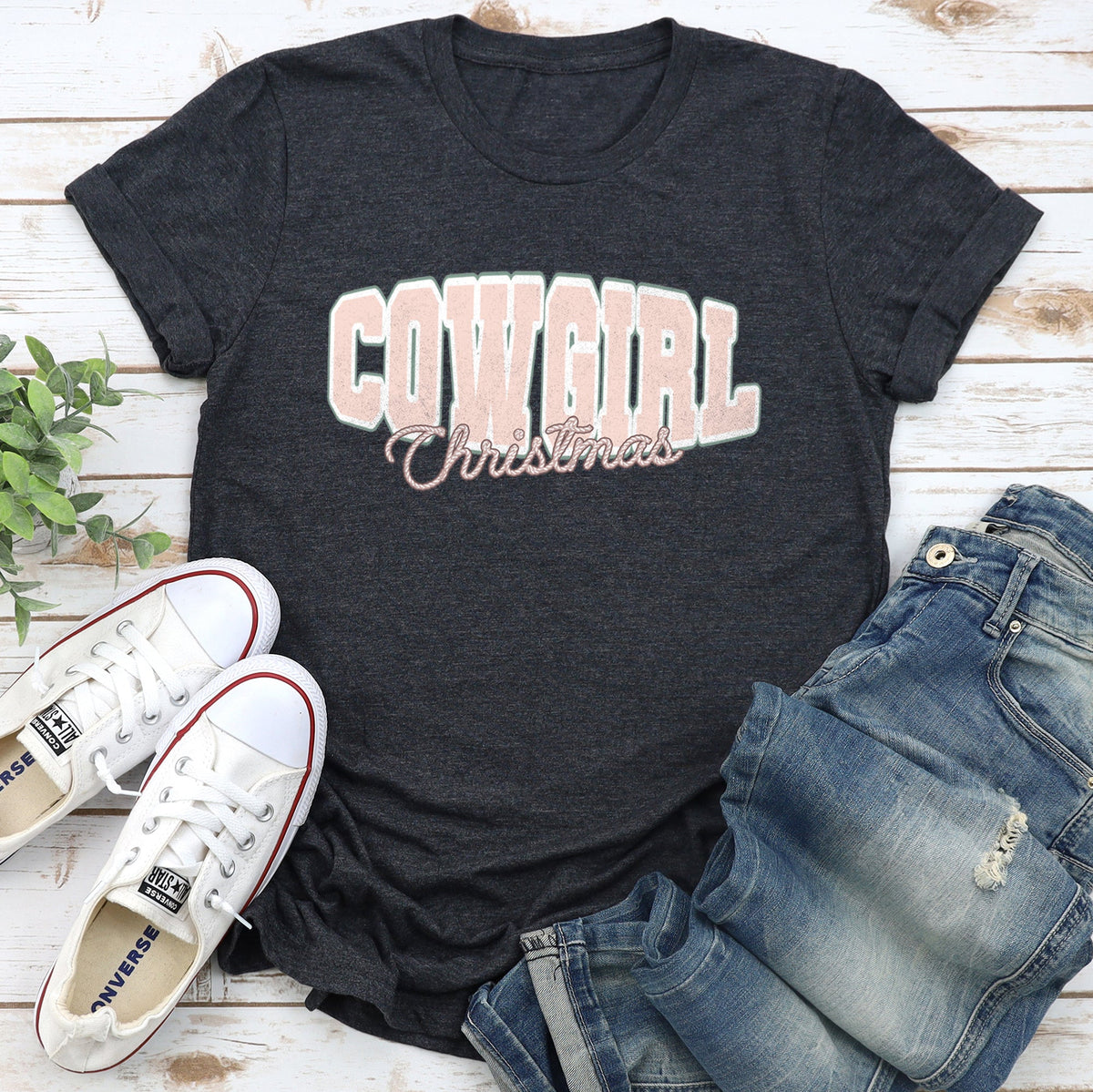 Cowgirl Christmas Retro College Text Vintage Western Script Soft Cotton Graphic Tee