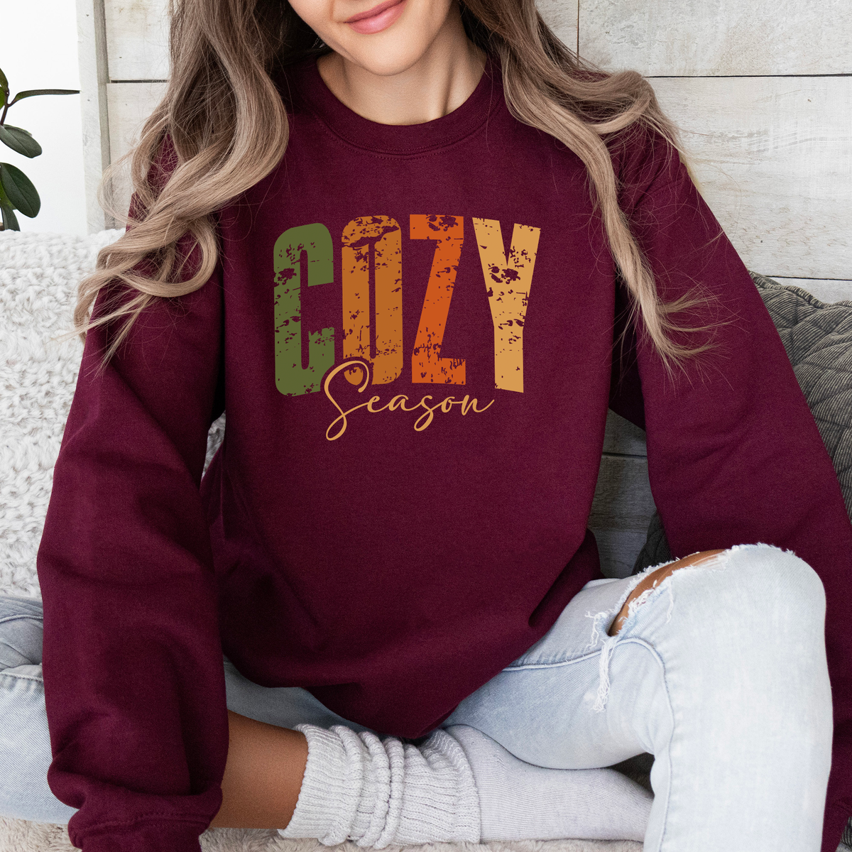 Cozy Season Fall Vibes Retro Varsity Autumn Pumpkin Floral Sunflower Motif Vintage Lettering Sweatshirt