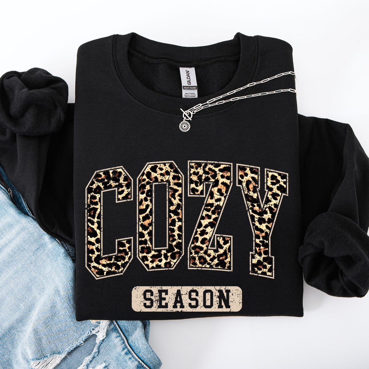 Cozy Season Leopard Print Autumn Florals Sunflowers Pumpkins Halloween Inspired Sweatshirt