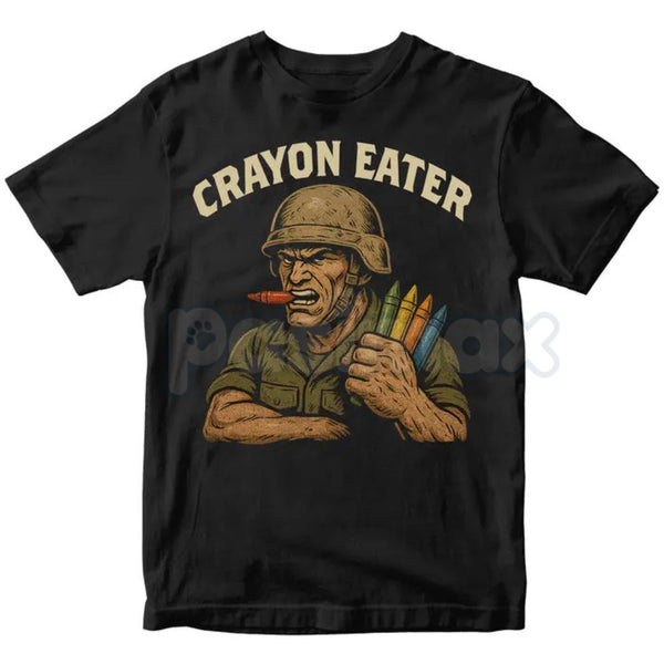 "Crayon Eater" Funny Military T-Shirt - USMC Dark Humor Sarcastic Marine Tee, Premium 100% Cotton Veteran Humor Shirt, Tactical Crayon Specialist Graphic Top, Military Branch Banter Apparel, Rugged Lived-In Grunt Style Tee