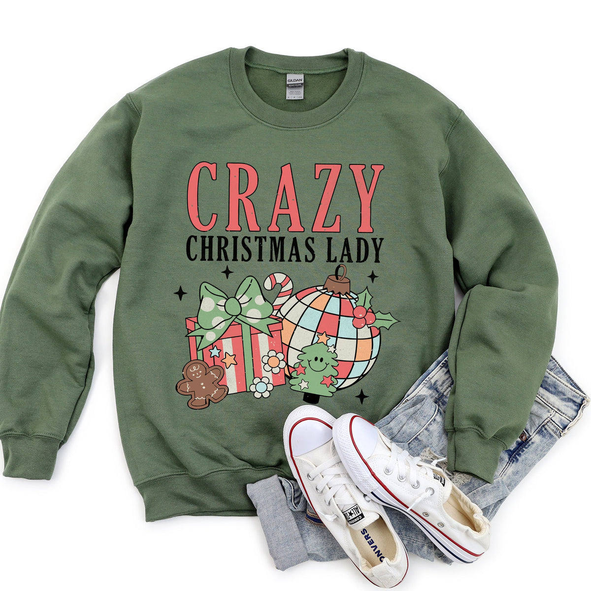 Crazy Christmas Lady Retro Festive Snowflake Print And Jolly Ornament Artwork Graphic Sweatshirt