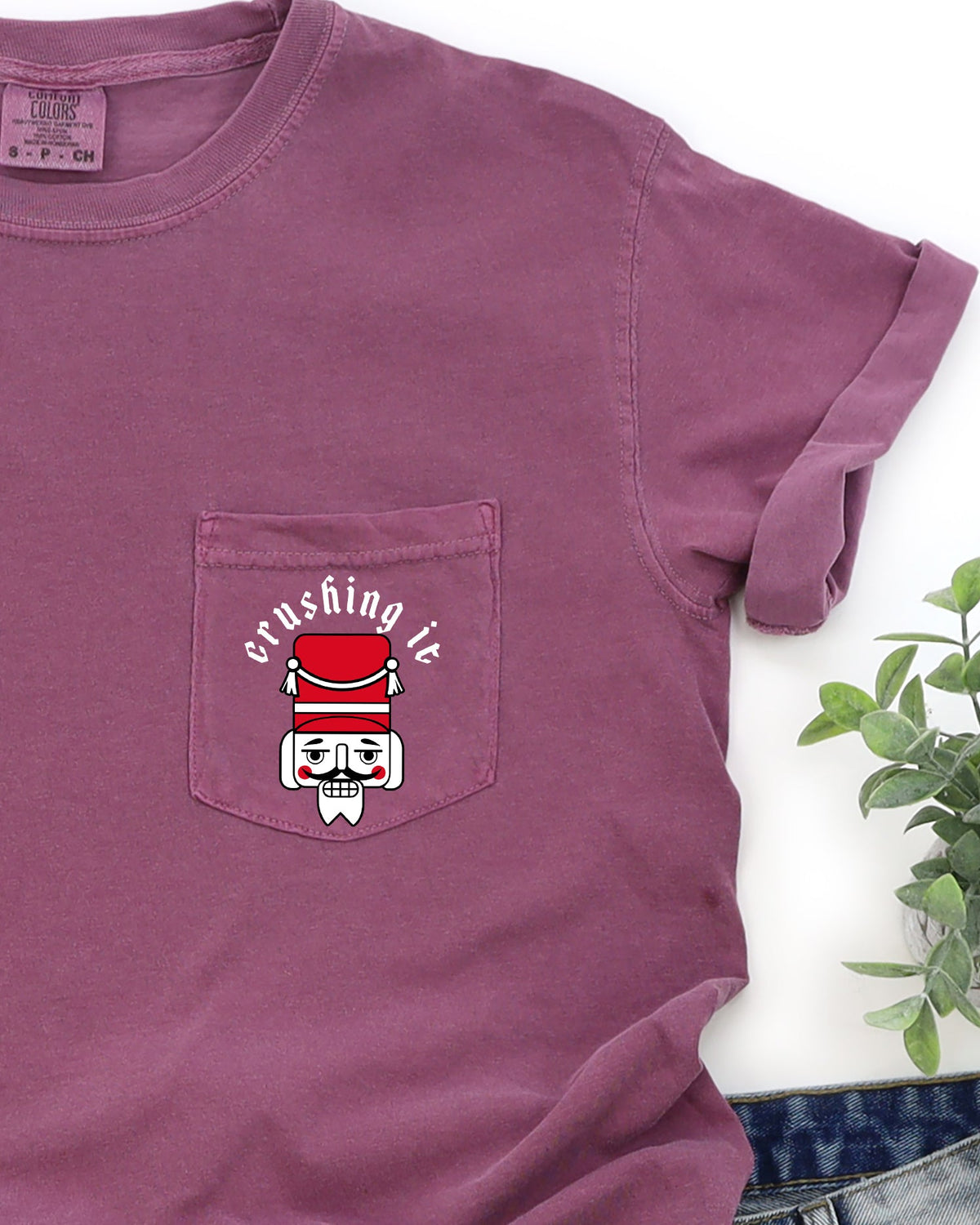 Crushing It Nutcracker Christmas Santa Snow Winter Xmas Festive Pocket Print Comfort Colors Tee
