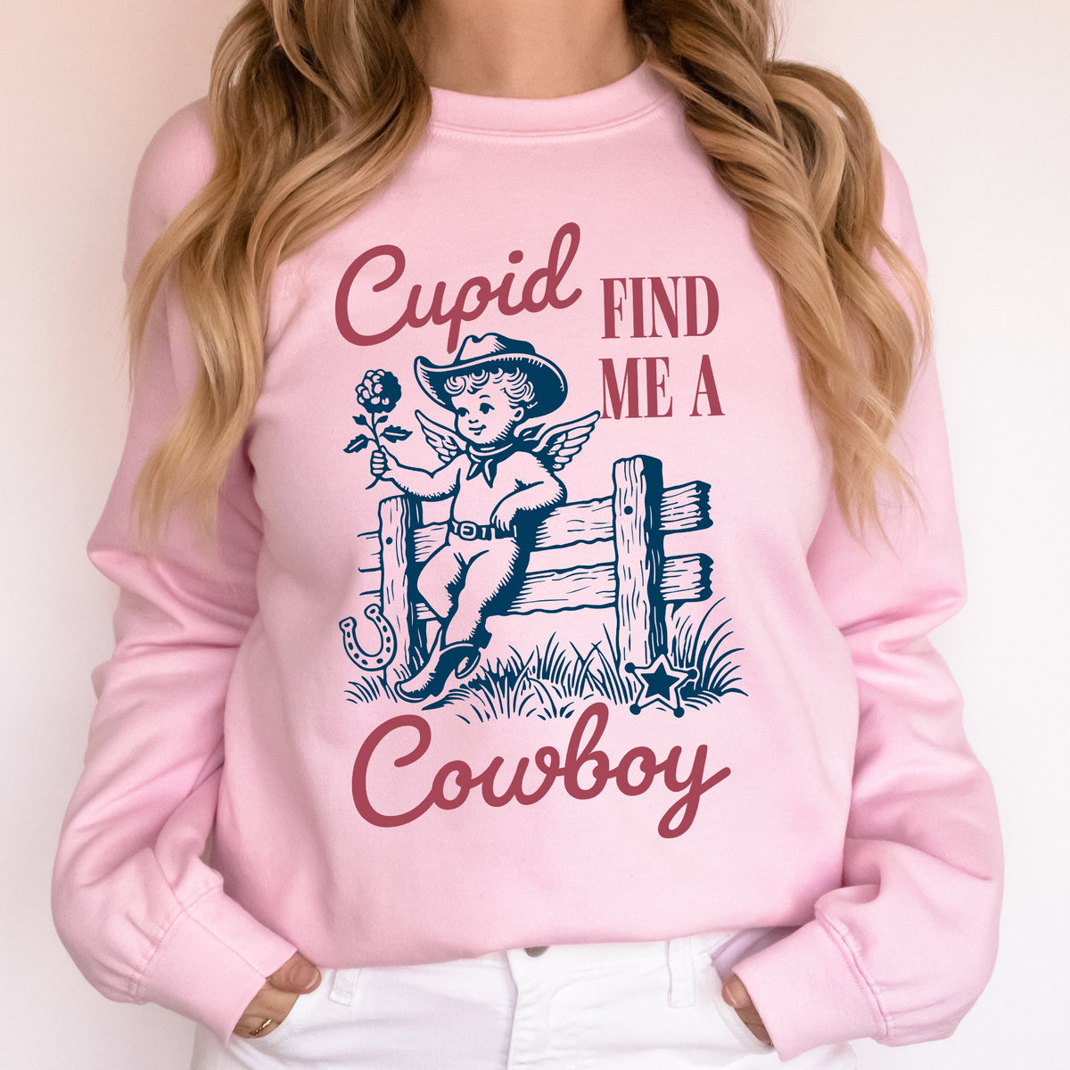 Cupid Find Me A Cowboy Western Love Heart Valentine's Day Theme Graphic Print Premium Sweatshirt