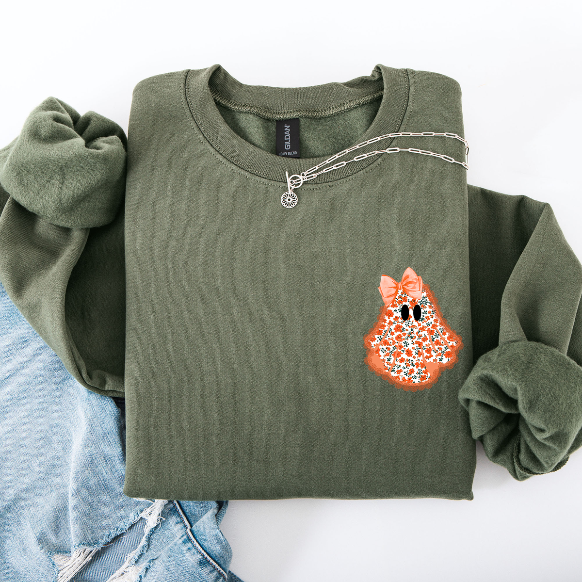 Cute Coquette Faux Lace Ghost Halloween Inspired Vintage Charm Graphic Boho Cozy Pocket Sweatshirt