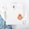 Cute Coquette Faux Lace Ghost Halloween Inspired Vintage Charm Graphic Boho Cozy Pocket Sweatshirt