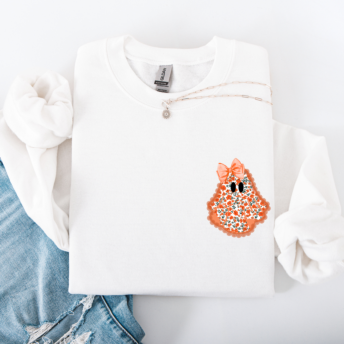 Cute Coquette Faux Lace Ghost Halloween Inspired Vintage Charm Graphic Boho Cozy Pocket Sweatshirt