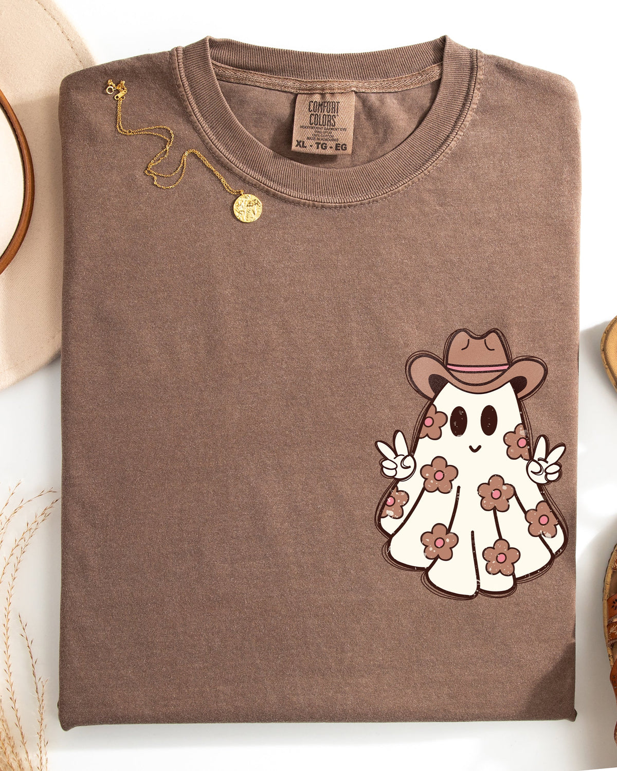 Cute Flower Ghost Cowboy Cowgirl Pocket Print Halloween Peace Comfort Colors Tee