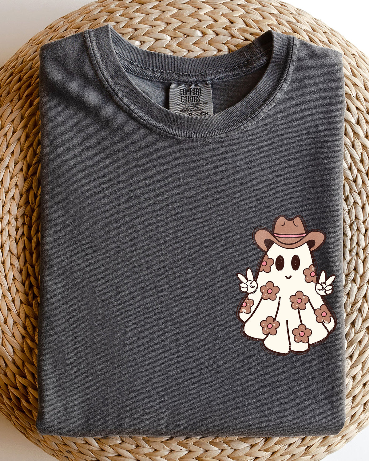 Cute Flower Ghost Cowboy Cowgirl Pocket Print Halloween Peace Comfort Colors Tee