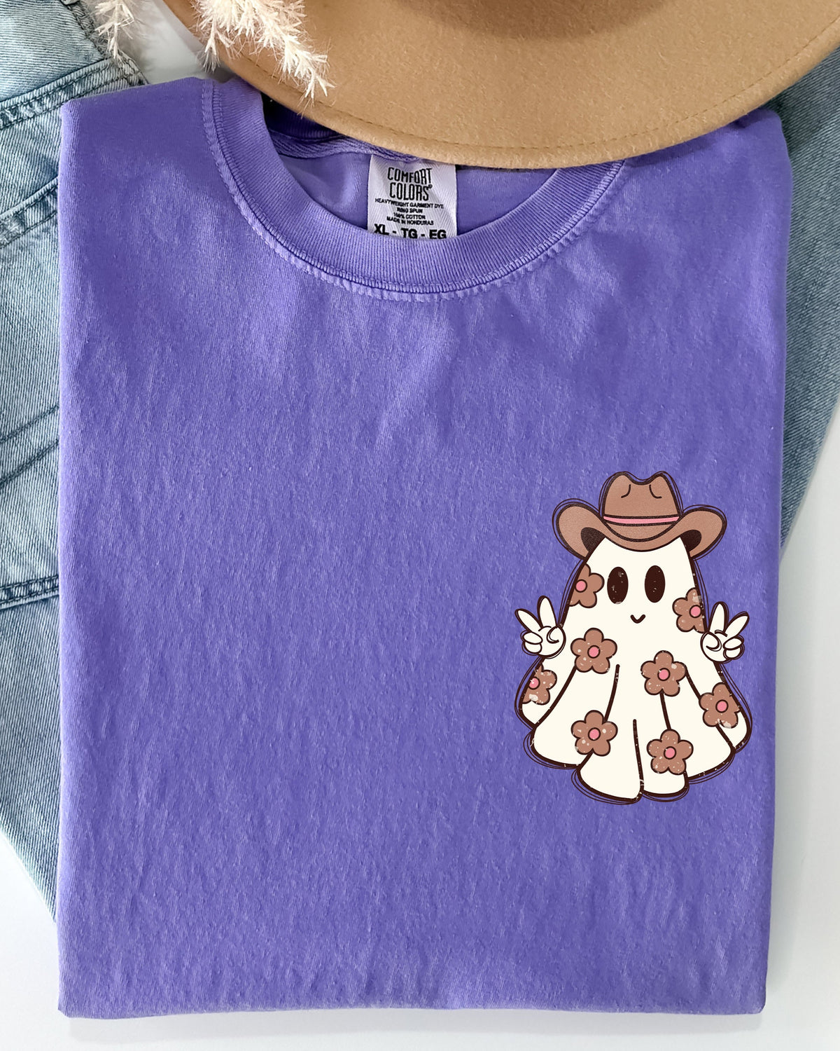 Cute Flower Ghost Cowboy Cowgirl Pocket Print Halloween Peace Comfort Colors Tee