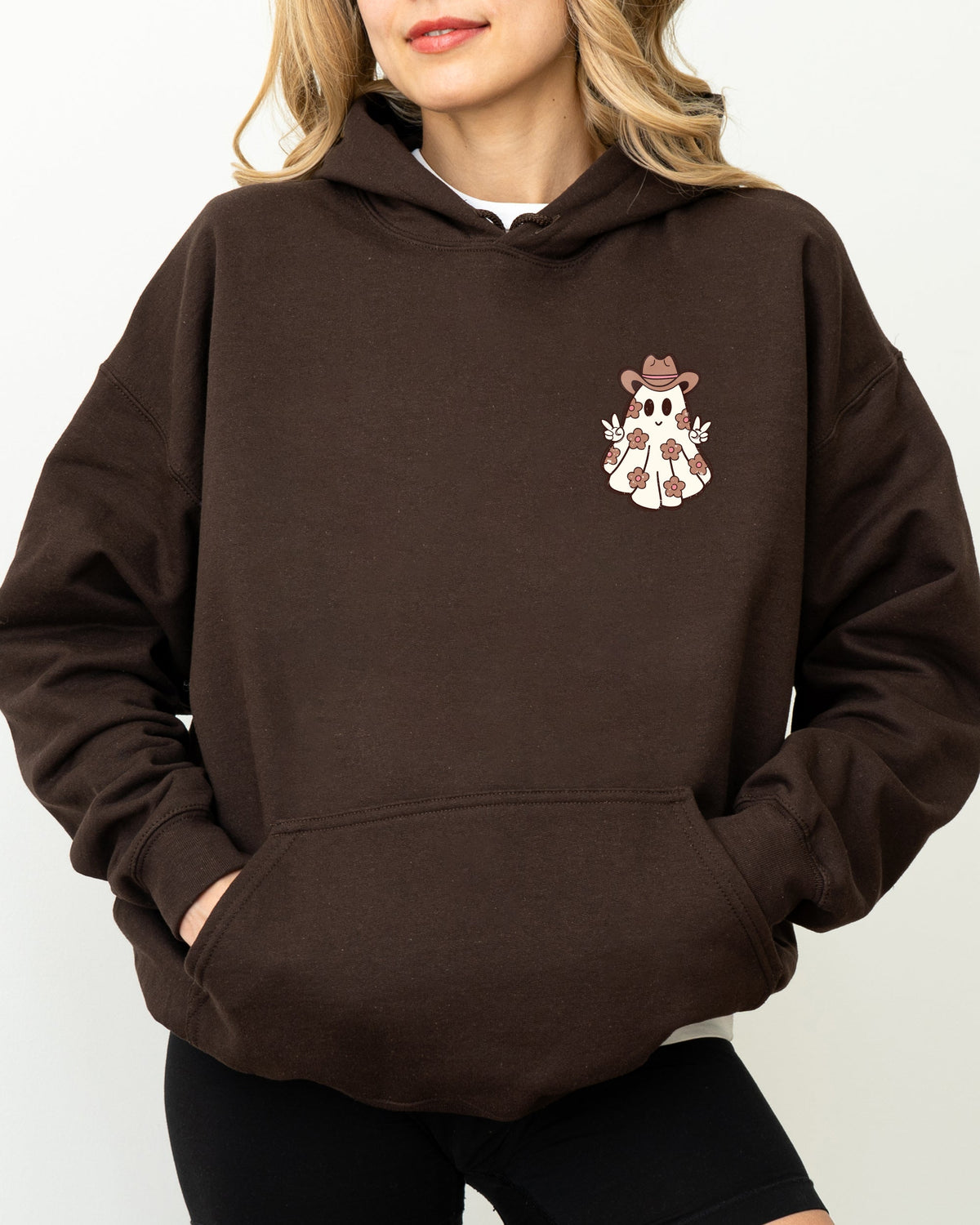 Cute Flower Ghost Cowboy Cowgirl Pocket Print Halloween Peace Cozy Hooded Sweatshirt