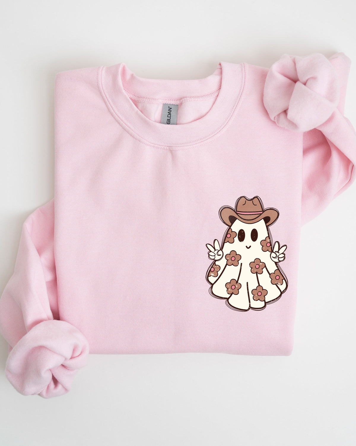 Cute Flower Ghost Cowboy Cowgirl Pocket Print Halloween Peace Western Style Sweatshirt