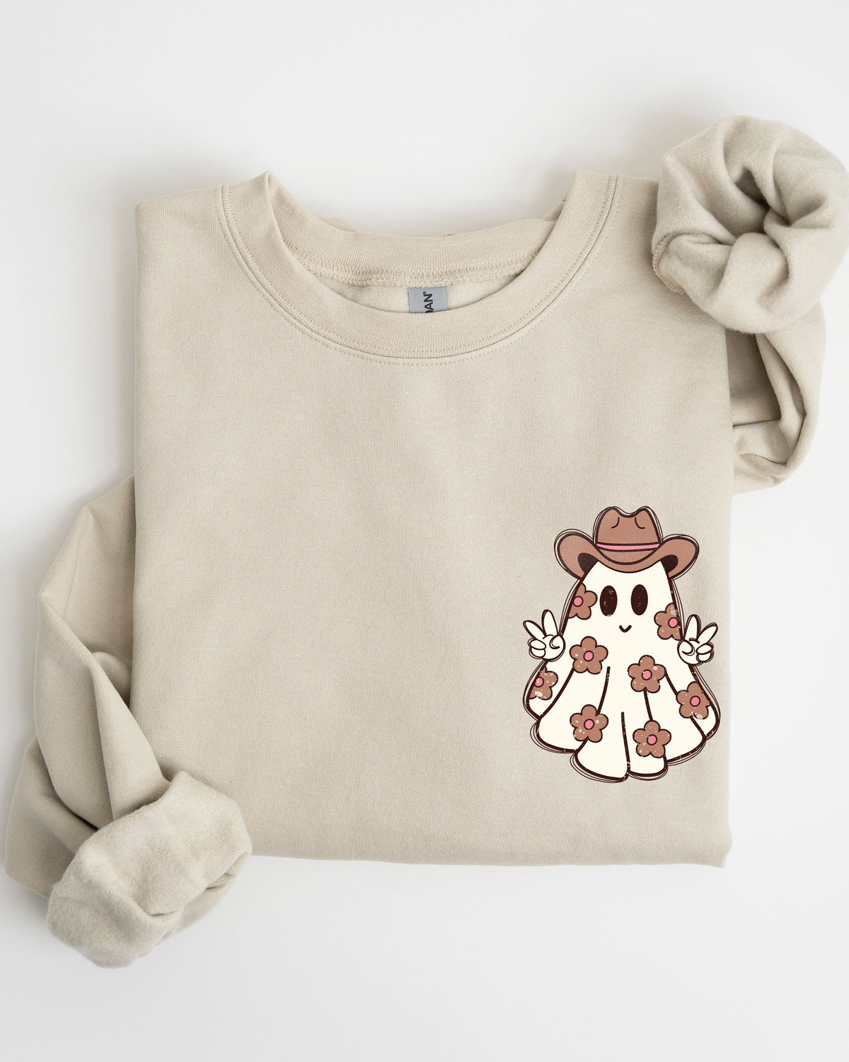 Cute Flower Ghost Cowboy Cowgirl Pocket Print Halloween Peace Western Style Sweatshirt