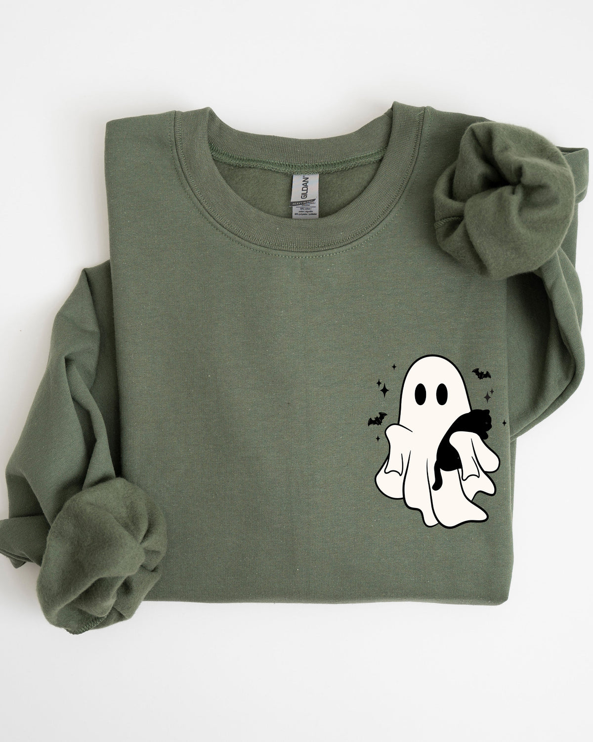 Cute Ghost With Cat Halloween Black Cat Witch Pocket Print Graphic Cozy Sweatshirt